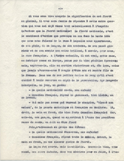 Reproduction de la deuxi&egrave;me page d'une allocution de Arthur Joyal, o.m.i., intitul&eacute;e La fiert&eacute; nationale chez les enfants, ca 1942.