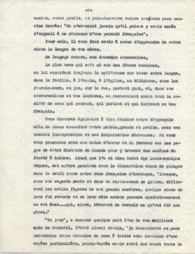 Reproduction de la troisi&egrave;me page d'une allocution de Arthur Joyal, o.m.i., intitul&eacute;e La fiert&eacute; nationale chez les enfants, ca 1942.