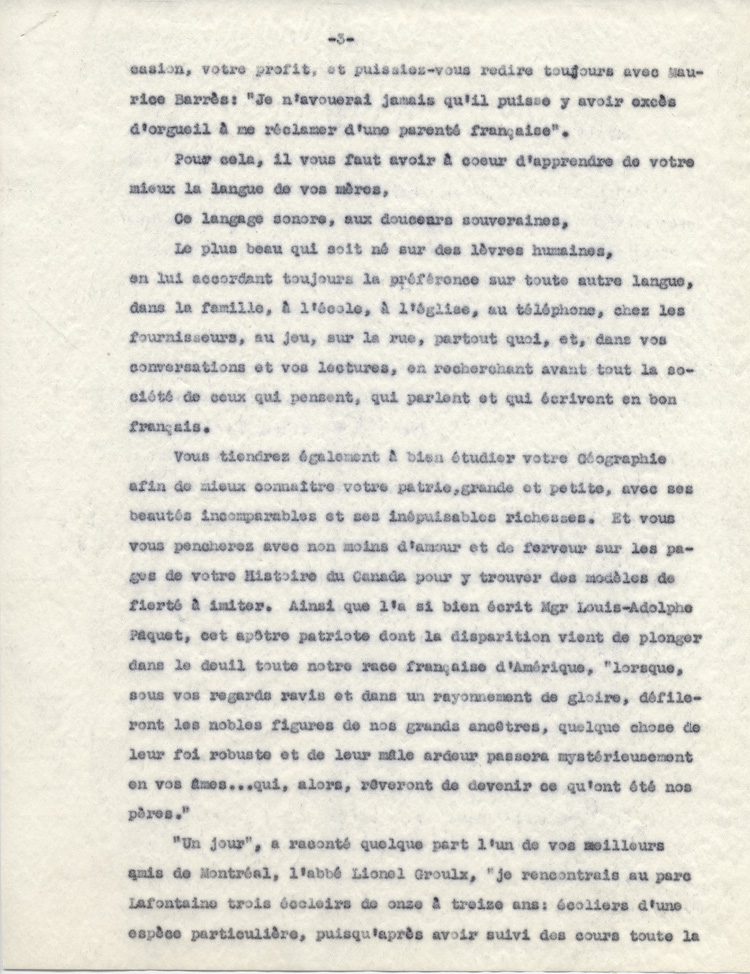 Reproduction de la troisi&egrave;me page d'une allocution de Arthur Joyal, o.m.i., intitul&eacute;e La fiert&eacute; nationale chez les enfants, ca 1942.
