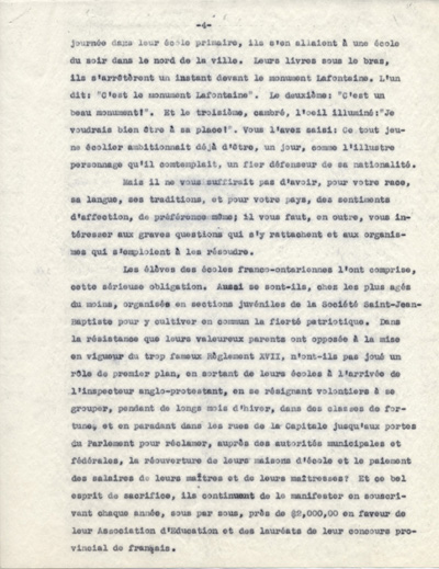 Reproduction de la quatri&egrave;me page d'une allocution de Arthur Joyal, o.m.i., intitul&eacute;e La fiert&eacute; nationale chez les enfants, ca 1942.