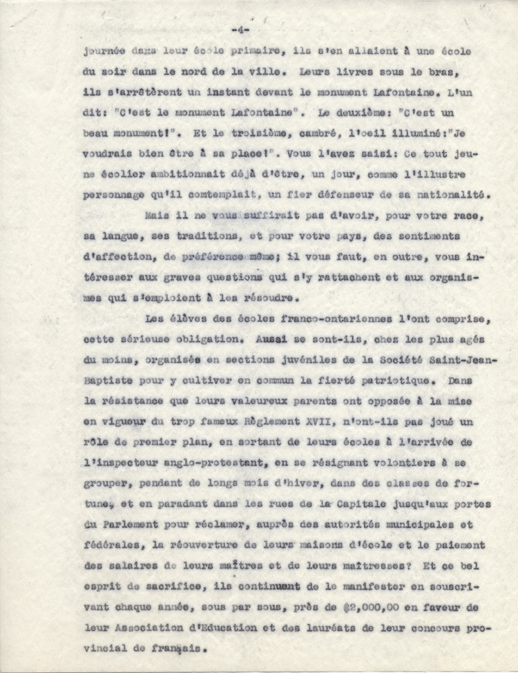 Reproduction de la quatri&egrave;me page d'une allocution de Arthur Joyal, o.m.i., intitul&eacute;e La fiert&eacute; nationale chez les enfants, ca 1942.