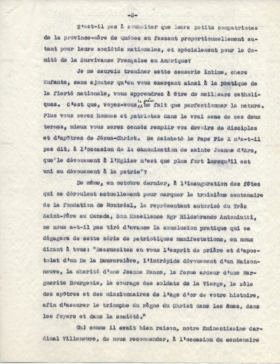 Reproduction de la cinqui&egrave;me page d'une allocution de Arthur Joyal, o.m.i., intitul&eacute;e La fiert&eacute; nationale chez les enfants, ca 1942.