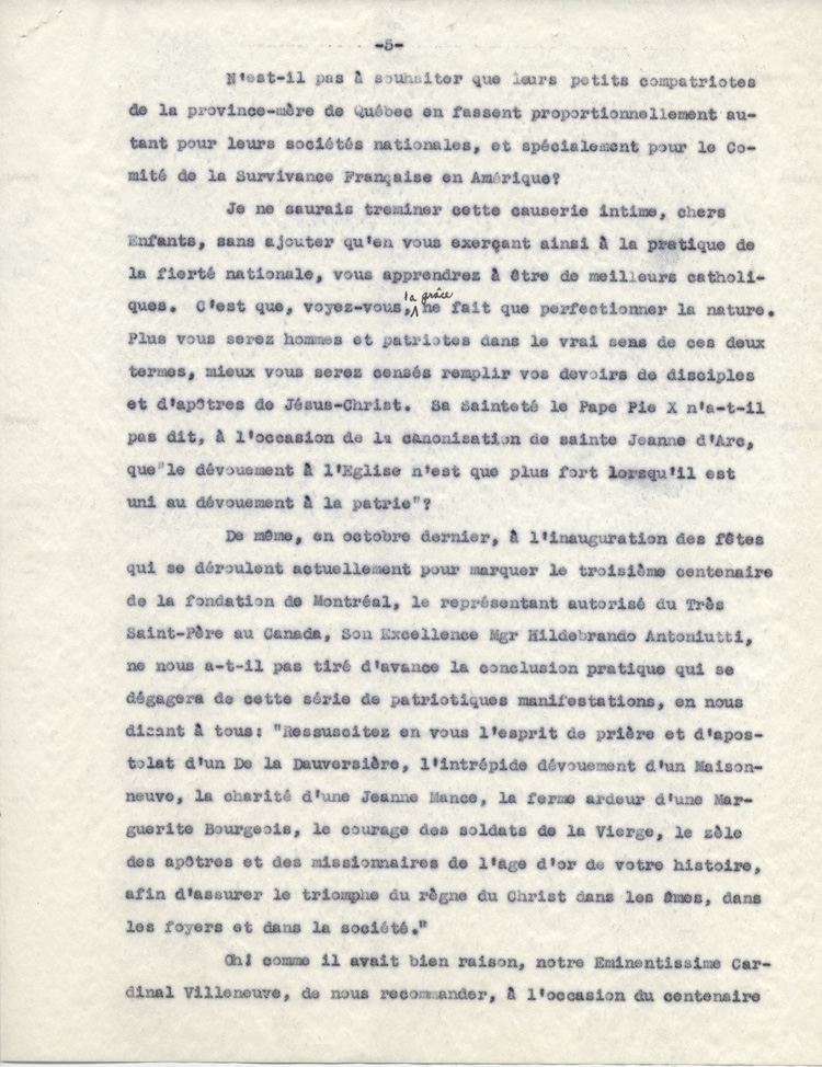 Reproduction de la cinqui&egrave;me page d'une allocution de Arthur Joyal, o.m.i., intitul&eacute;e La fiert&eacute; nationale chez les enfants, ca 1942.