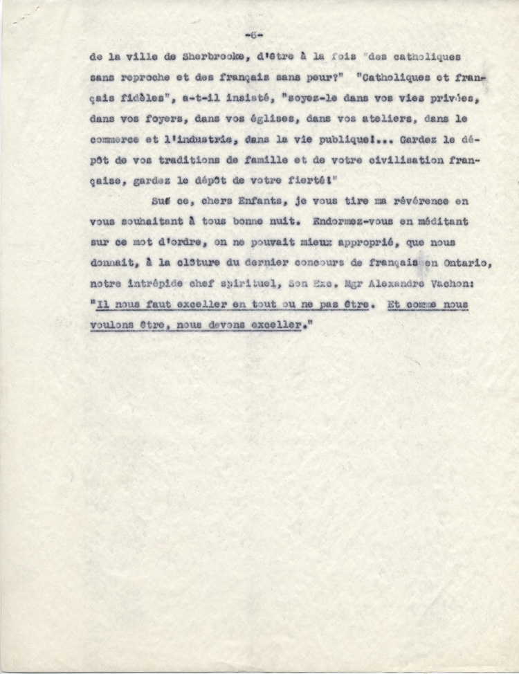 Reproduction de la sixi&egrave;me page d'une allocution de Arthur Joyal, o.m.i., intitul&eacute;e La fiert&eacute; nationale chez les enfants, ca 1942.