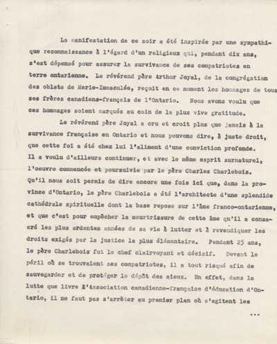 Reproduction de la premi&egrave;re page d'un discours de Ernest D&eacute;sormeaux &agrave; l'occasion d'une manifestation de reconnaissance en l'honneur de Arthur Joyal, o.m.i., &agrave; la Salle acad&eacute;mique de l'Universit&eacute; d'Ottawa, le 11 f&eacute;vrier 1945, 1945.