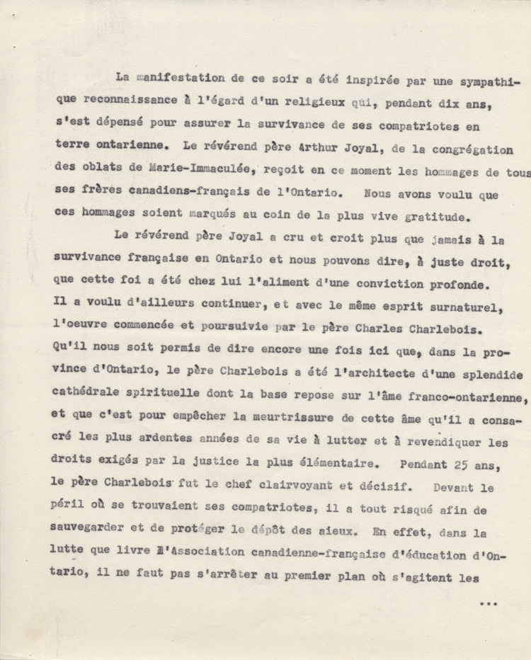 Reproduction de la premi&egrave;re page d'un discours de Ernest D&eacute;sormeaux &agrave; l'occasion d'une manifestation de reconnaissance en l'honneur de Arthur Joyal, o.m.i., &agrave; la Salle acad&eacute;mique de l'Universit&eacute; d'Ottawa, le 11 f&eacute;vrier 1945, 1945.