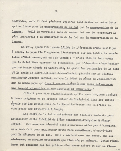 Reproduction de la deuxi&egrave;me page d'un discours de Ernest D&eacute;sormeaux &agrave; l'occasion d'une manifestation de reconnaissance en l'honneur de Arthur Joyal, o.m.i., &agrave; la Salle acad&eacute;mique de l'Universit&eacute; d'Ottawa, le 11 f&eacute;vrier 1945, 1945.