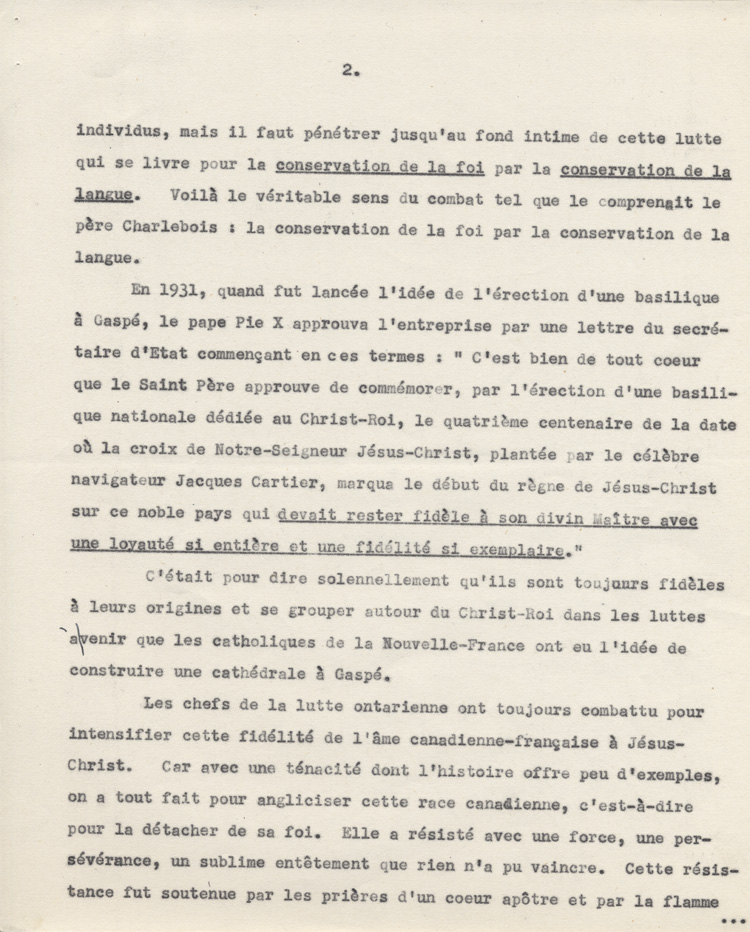 Reproduction de la deuxi&egrave;me page d'un discours de Ernest D&eacute;sormeaux &agrave; l'occasion d'une manifestation de reconnaissance en l'honneur de Arthur Joyal, o.m.i., &agrave; la Salle acad&eacute;mique de l'Universit&eacute; d'Ottawa, le 11 f&eacute;vrier 1945, 1945.