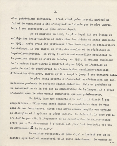 Reproduction de la troisi&egrave;me page d'un discours de Ernest D&eacute;sormeaux &agrave; l'occasion d'une manifestation de reconnaissance en l'honneur de Arthur Joyal, o.m.i., &agrave; la Salle acad&eacute;mique de l'Universit&eacute; d'Ottawa, le 11 f&eacute;vrier 1945, 1945.