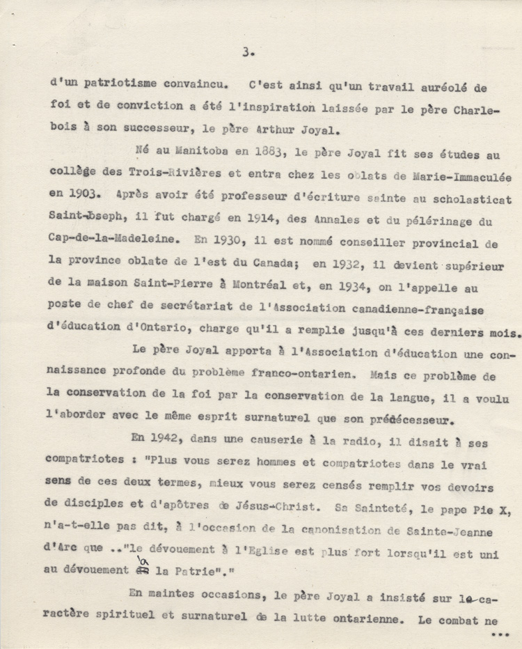 Reproduction de la troisi&egrave;me page d'un discours de Ernest D&eacute;sormeaux &agrave; l'occasion d'une manifestation de reconnaissance en l'honneur de Arthur Joyal, o.m.i., &agrave; la Salle acad&eacute;mique de l'Universit&eacute; d'Ottawa, le 11 f&eacute;vrier 1945, 1945.