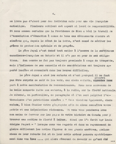 Reproduction de la quatri&egrave;me page d'un discours de Ernest D&eacute;sormeaux &agrave; l'occasion d'une manifestation de reconnaissance en l'honneur de Arthur Joyal, o.m.i., &agrave; la Salle acad&eacute;mique de l'Universit&eacute; d'Ottawa, le 11 f&eacute;vrier 1945, 1945.