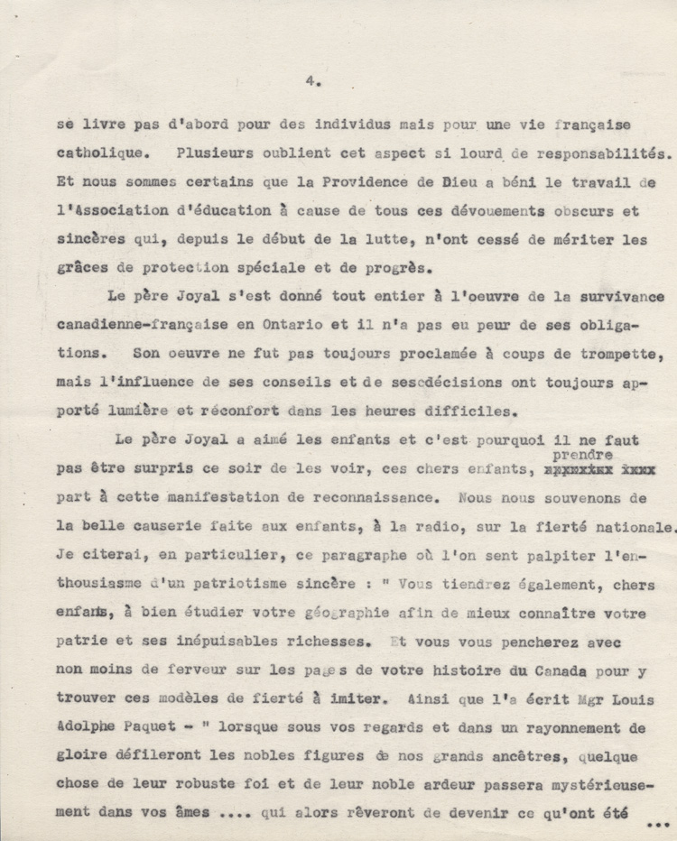 Reproduction de la quatri&egrave;me page d'un discours de Ernest D&eacute;sormeaux &agrave; l'occasion d'une manifestation de reconnaissance en l'honneur de Arthur Joyal, o.m.i., &agrave; la Salle acad&eacute;mique de l'Universit&eacute; d'Ottawa, le 11 f&eacute;vrier 1945, 1945.