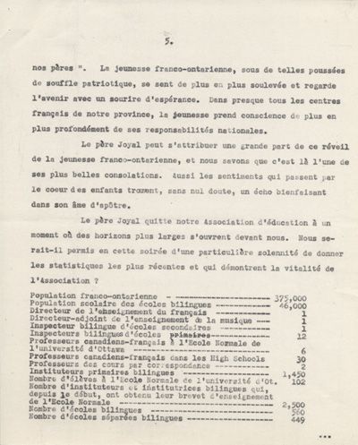 Reproduction de la cinqui&egrave;me page d'un discours de Ernest D&eacute;sormeaux &agrave; l'occasion d'une manifestation de reconnaissance en l'honneur de Arthur Joyal, o.m.i., &agrave; la Salle acad&eacute;mique de l'Universit&eacute; d'Ottawa, le 11 f&eacute;vrier 1945, 1945.