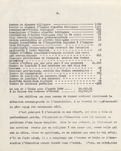 Reproduction de la sixi&egrave;me page d'un discours de Ernest D&eacute;sormeaux &agrave; l'occasion d'une manifestation de reconnaissance en l'honneur de Arthur Joyal, o.m.i., &agrave; la Salle acad&eacute;mique de l'Universit&eacute; d'Ottawa, le 11 f&eacute;vrier 1945, 1945.
