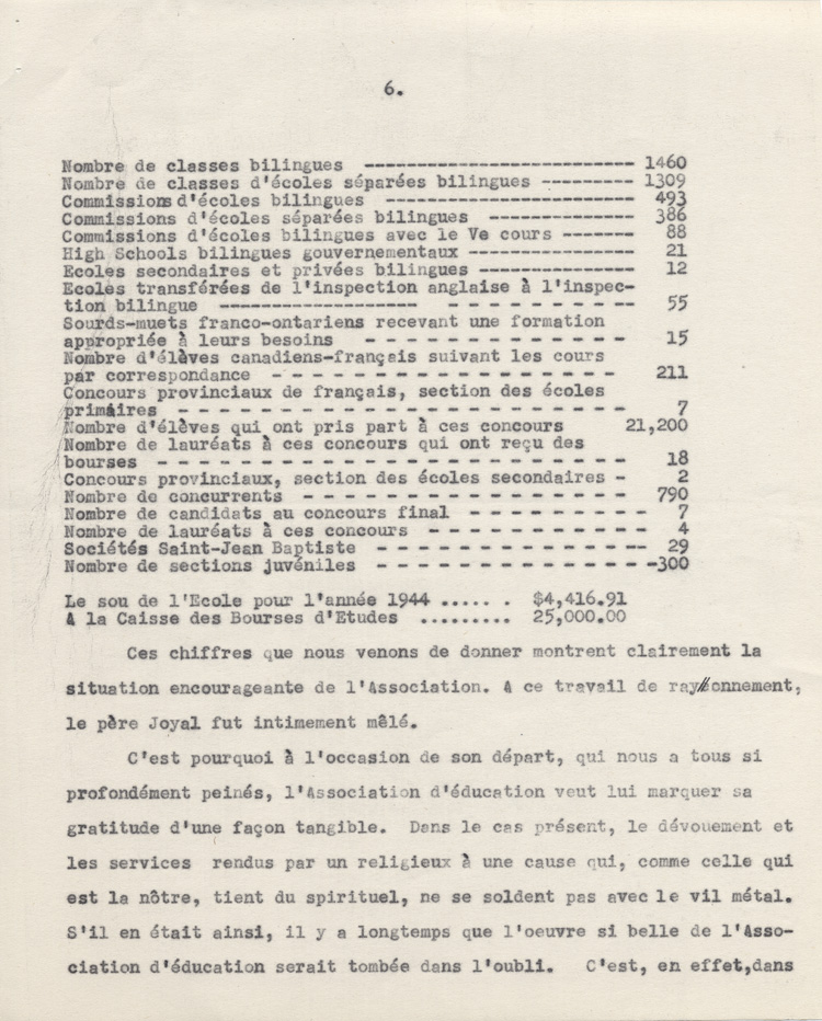 Reproduction de la sixi&egrave;me page d'un discours de Ernest D&eacute;sormeaux &agrave; l'occasion d'une manifestation de reconnaissance en l'honneur de Arthur Joyal, o.m.i., &agrave; la Salle acad&eacute;mique de l'Universit&eacute; d'Ottawa, le 11 f&eacute;vrier 1945, 1945.