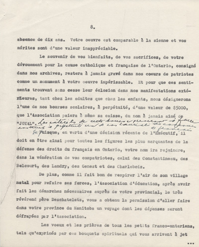 Reproduction de la huiti&egrave;me page d'un discours de Ernest D&eacute;sormeaux &agrave; l'occasion d'une manifestation de reconnaissance en l'honneur de Arthur Joyal, o.m.i., &agrave; la Salle acad&eacute;mique de l'Universit&eacute; d'Ottawa, le 11 f&eacute;vrier 1945, 1945.