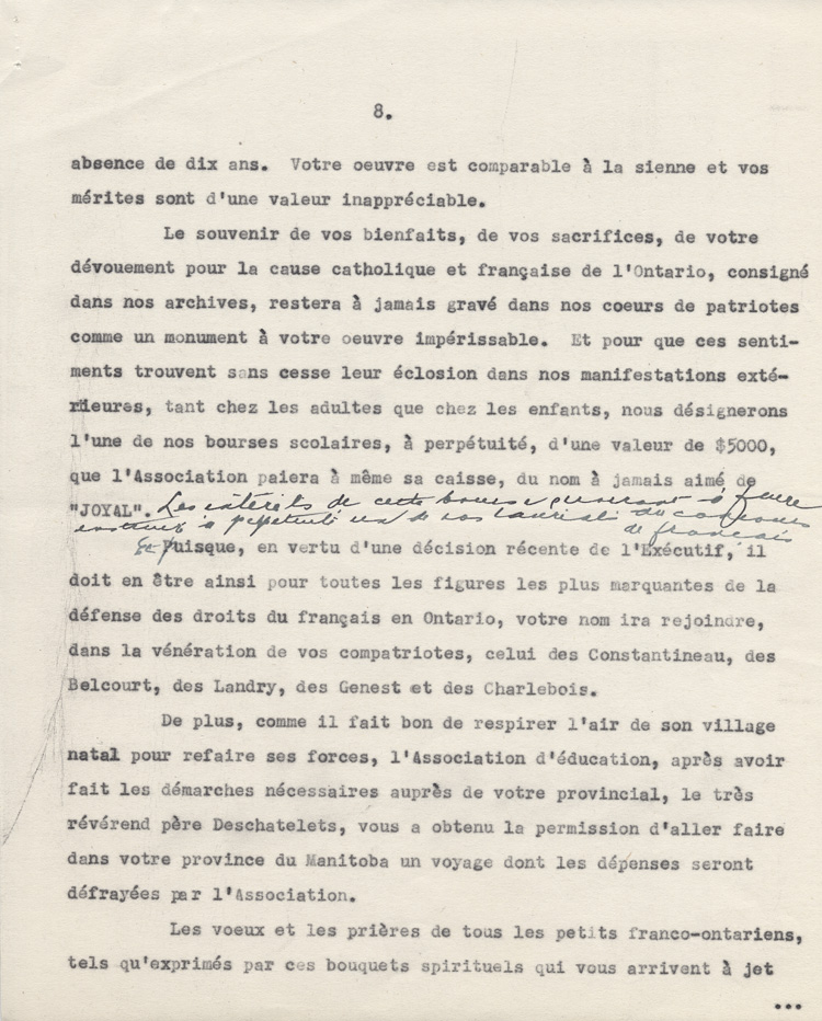 Reproduction de la huiti&egrave;me page d'un discours de Ernest D&eacute;sormeaux &agrave; l'occasion d'une manifestation de reconnaissance en l'honneur de Arthur Joyal, o.m.i., &agrave; la Salle acad&eacute;mique de l'Universit&eacute; d'Ottawa, le 11 f&eacute;vrier 1945, 1945.