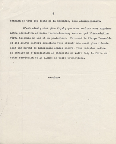 Reproduction de la neuvi&egrave;me page d'un discours de Ernest D&eacute;sormeaux &agrave; l'occasion d'une manifestation de reconnaissance en l'honneur de Arthur Joyal, o.m.i., &agrave; la Salle acad&eacute;mique de l'Universit&eacute; d'Ottawa, le 11 f&eacute;vrier 1945, 1945.
