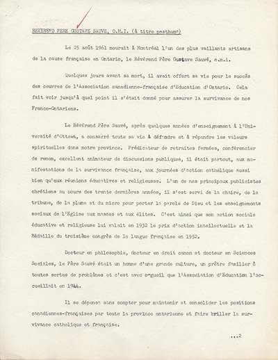 Reproduction de la premi&egrave;re page du texte de pr&eacute;sentation, &agrave; titre posthume, de l'Ordre du m&eacute;rite scolaire franco-ontarien &agrave; Gustave Sauv&eacute;, o.m.i., par l'Association canadienne-fran&ccedil;aise d'&eacute;ducation d'Ontario, avril 1962.