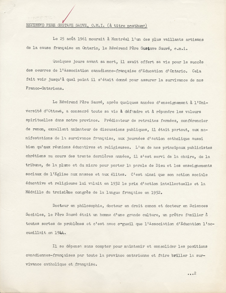 Reproduction de la premi&egrave;re page du texte de pr&eacute;sentation, &agrave; titre posthume, de l'Ordre du m&eacute;rite scolaire franco-ontarien &agrave; Gustave Sauv&eacute;, o.m.i., par l'Association canadienne-fran&ccedil;aise d'&eacute;ducation d'Ontario, avril 1962.
