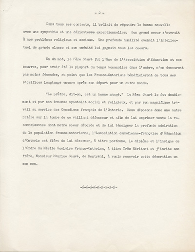 Reproduction de la deuxi&egrave;me page du texte de pr&eacute;sentation, &agrave; titre posthume, de l'Ordre du m&eacute;rite scolaire franco-ontarien &agrave; Gustave Sauv&eacute;, o.m.i., par l'Association canadienne-fran&ccedil;aise d'&eacute;ducation d'Ontario, avril 1962.