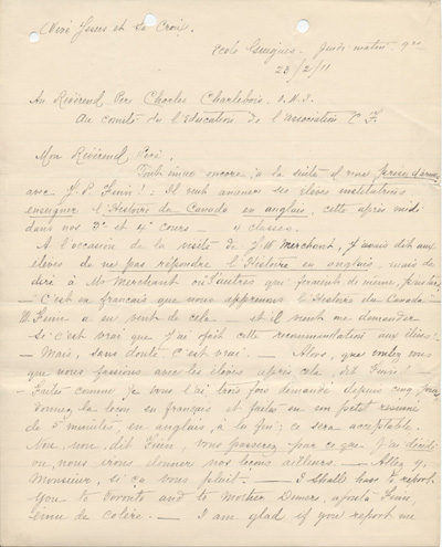 Reproduction de la premi&egrave;re page d'une lettre de soeur Saint-Charles &agrave; Charles Charlebois, o.m.i., membre du Comit&eacute; d'&eacute;ducation de l'Association canadienne-fran&ccedil;aise d'&eacute;ducation d'Ontario, 23 f&eacute;vrier 1911.