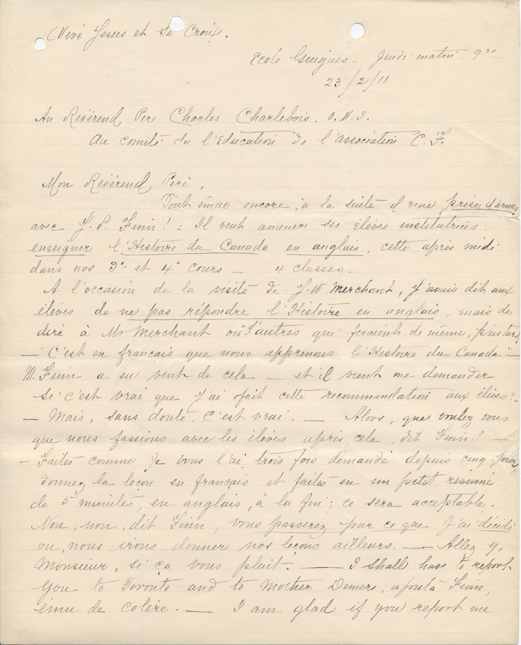 Reproduction de la premi&egrave;re page d'une lettre de soeur Saint-Charles &agrave; Charles Charlebois, o.m.i., membre du Comit&eacute; d'&eacute;ducation de l'Association canadienne-fran&ccedil;aise d'&eacute;ducation d'Ontario, 23 f&eacute;vrier 1911.