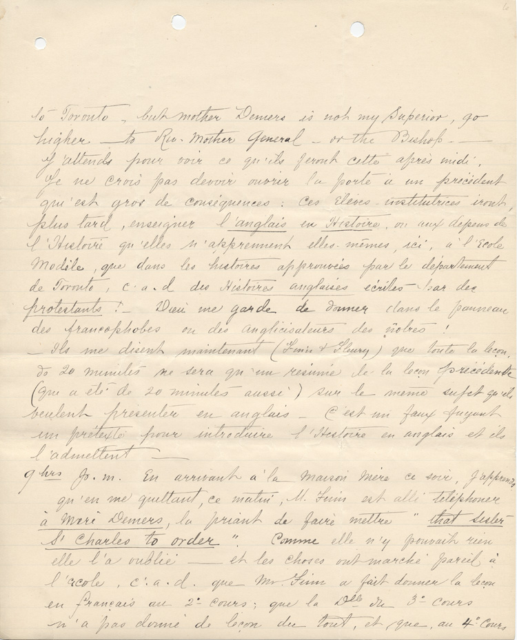 Reproduction de la deuxi&egrave;me page d'une lettre de soeur Saint-Charles &agrave; Charles Charlebois, o.m.i., membre du Comit&eacute; d'&eacute;ducation de l'Association canadienne-fran&ccedil;aise d'&eacute;ducation d'Ontario, 23 f&eacute;vrier 1911.
