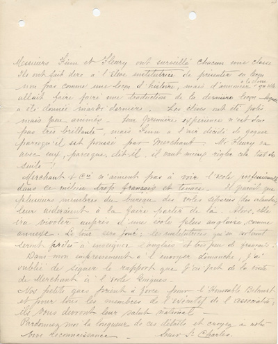 Reproduction de la troisi&egrave;me page d'une lettre de soeur Saint-Charles &agrave; Charles Charlebois, o.m.i., membre du Comit&eacute; d'&eacute;ducation de l'Association canadienne-fran&ccedil;aise d'&eacute;ducation d'Ontario, 23 f&eacute;vrier 1911.
