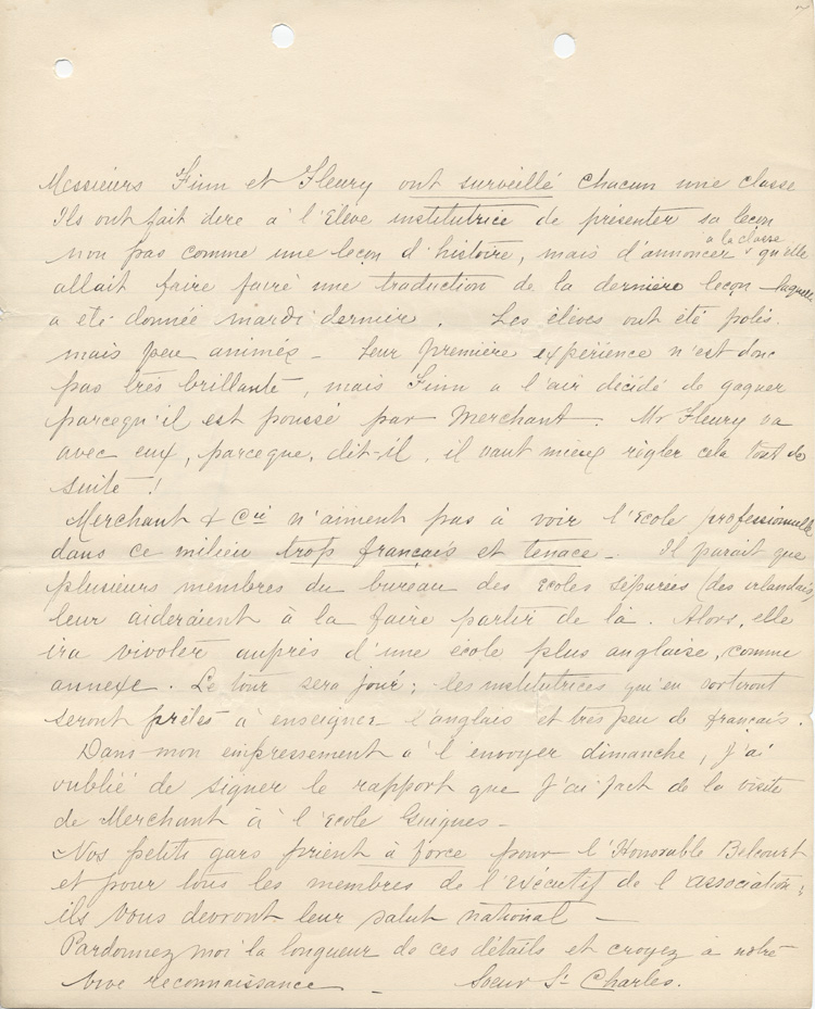 Reproduction de la troisi&egrave;me page d'une lettre de soeur Saint-Charles &agrave; Charles Charlebois, o.m.i., membre du Comit&eacute; d'&eacute;ducation de l'Association canadienne-fran&ccedil;aise d'&eacute;ducation d'Ontario, 23 f&eacute;vrier 1911.