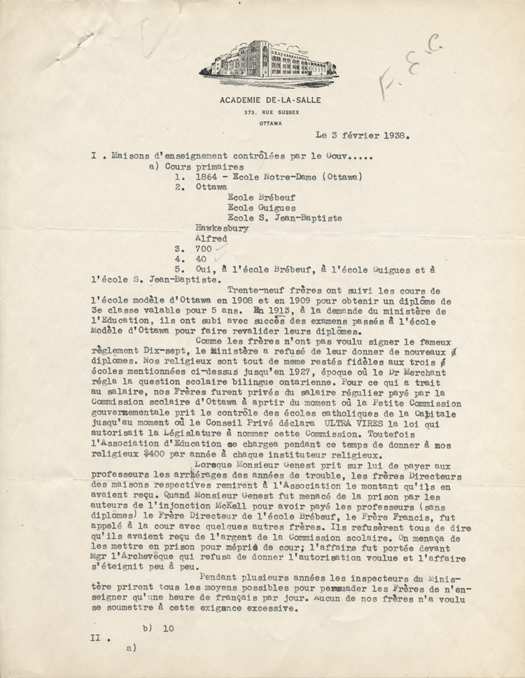 Reproduction de la premi&egrave;re page d'un rapport des Fr&egrave;res des &eacute;coles chr&eacute;tiennes &agrave; l'Association canadienne-fran&ccedil;aise d'&eacute;ducation d'Ontario, 3 f&eacute;vrier 1938.
