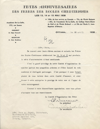 Reproduction d'une invitation aux f&ecirc;tes anniversaires des Fr&egrave;res des &eacute;coles chr&eacute;tiennes, les 13, 14 et 15 mai 1938, &agrave; Ottawa, Ontario, 25 avril 1938.