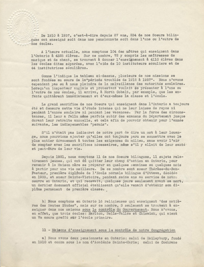 Reproduction de la premi&egrave;re page d'un rapport de la maison m&egrave;re des Soeurs de l'Assomption de la Sainte-Vierge adress&eacute; &agrave; l'Association canadienne-fran&ccedil;aise d'&eacute;ducation d'Ontario sur le r&ocirc;le de la communaut&eacute; dans le domaine de l'&eacute;ducation en Ontario fran&ccedil;ais, 1910-1937.
