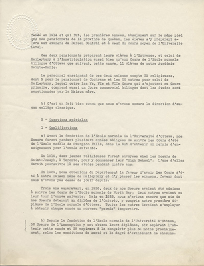 Reproduction de la deuxi&egrave;me page d'un rapport de la maison m&egrave;re des Soeurs de l'Assomption de la Sainte-Vierge adress&eacute; &agrave; l'Association canadienne-fran&ccedil;aise d'&eacute;ducation d'Ontario sur le r&ocirc;le de la communaut&eacute; dans le domaine de l'&eacute;ducation en Ontario fran&ccedil;ais, 1910-1937.