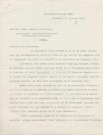 Reproduction de la premi&egrave;re page d'une lettre de soeur Marie Julien, sup&eacute;rieure g&eacute;n&eacute;rale des Soeurs de la Providence, &agrave; Alexandre Grenon, secr&eacute;taire de l'Association canadienne-fran&ccedil;aise d'&eacute;ducation d'Ontario, au sujet du r&ocirc;le de la communaut&eacute; dans le domaine hospitalier en Ontario fran&ccedil;ais, 1861, 1903-1912.