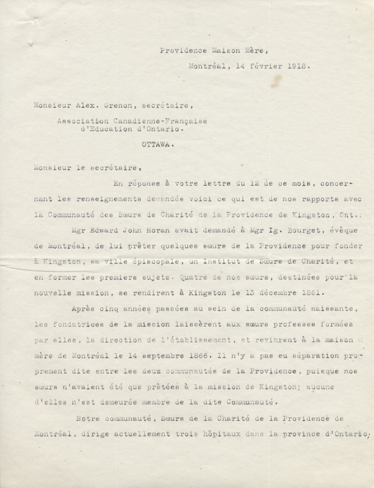 Reproduction de la premi&egrave;re page d'une lettre de soeur Marie Julien, sup&eacute;rieure g&eacute;n&eacute;rale des Soeurs de la Providence, &agrave; Alexandre Grenon, secr&eacute;taire de l'Association canadienne-fran&ccedil;aise d'&eacute;ducation d'Ontario, au sujet du r&ocirc;le de la communaut&eacute; dans le domaine hospitalier en Ontario fran&ccedil;ais, 1861, 1903-1912.
