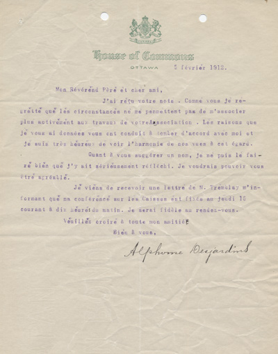 Reproduction d’une lettre d’Alphonse Desjardins au p&egrave;re Charles Charlebois de l’Association canadienne-fran&ccedil;aise d’&eacute;ducation d’Ontario (ACFEO), 5 f&eacute;vrier 1912