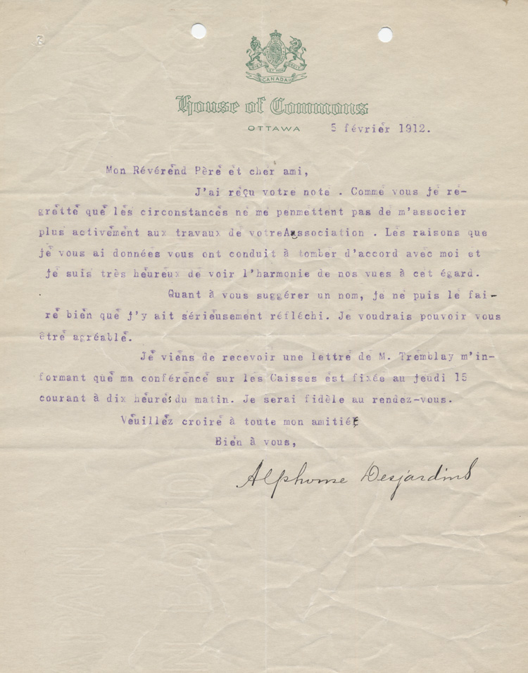Reproduction d’une lettre d’Alphonse Desjardins au p&egrave;re Charles Charlebois de l’Association canadienne-fran&ccedil;aise d’&eacute;ducation d’Ontario (ACFEO), 5 f&eacute;vrier 1912