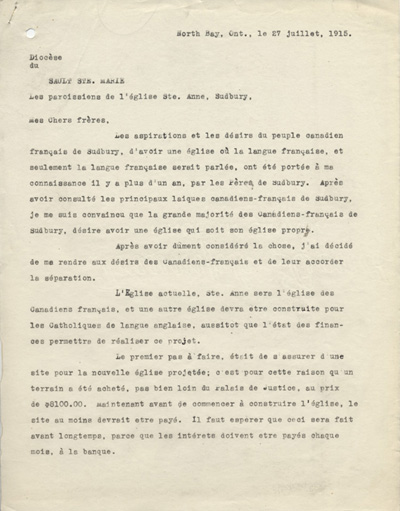 Lettre de l'&eacute;v&ecirc;que Mgr David Joseph Scollard