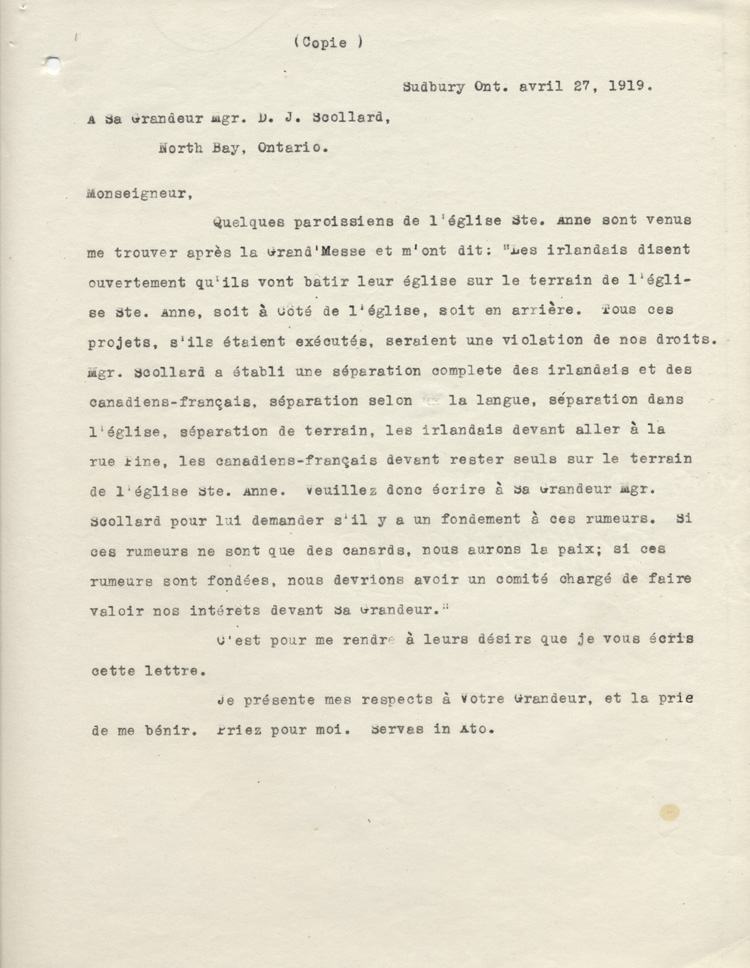 Copie d'une lettre de la part des Canadiens fran&ccedil;ais de la paroisse Sainte-Anne-des-Pins