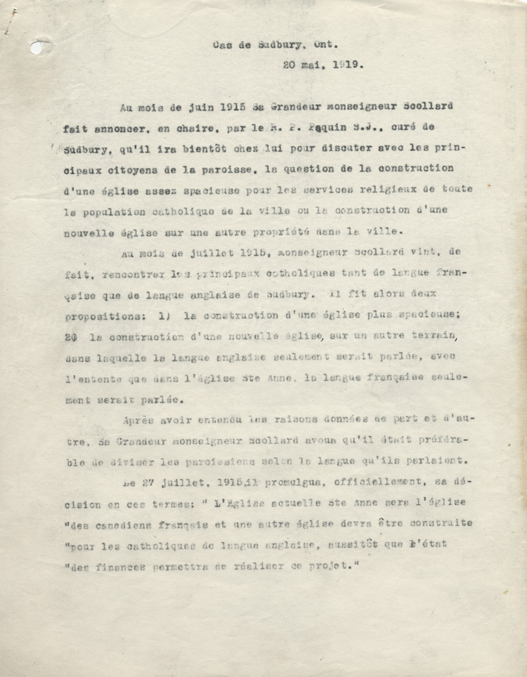 Lettre de la part des d&eacute;l&eacute;gu&eacute;s officiels de la paroisse Sainte-Anne-des-Pins de Sudbury