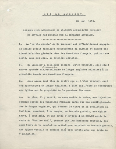 Lettre de la part des d&eacute;l&eacute;gu&eacute;s officiels de la paroisse Sainte-Anne-des-Pins de Sudbury
