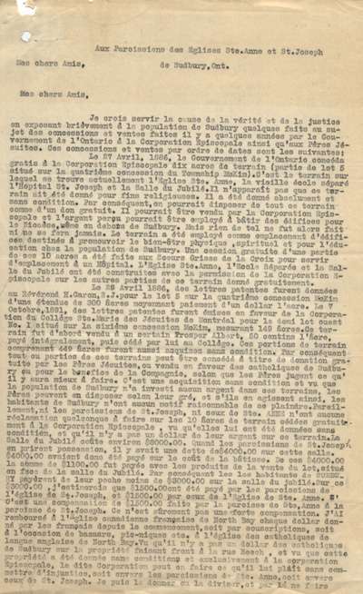 Lettre de la part des d&eacute;l&eacute;gu&eacute;s officiels de la paroisse Sainte-Anne-des-Pins de Sudbury