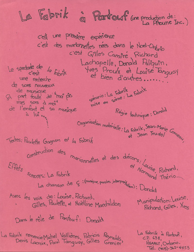 Feuillet d'information de la troupe de marionnettes La Fabrik &agrave; Pantouf (1972)