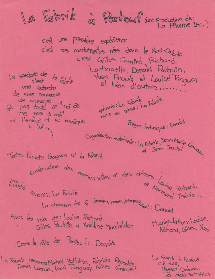 Feuillet d'information de la troupe de marionnettes La Fabrik &agrave; Pantouf (1972)