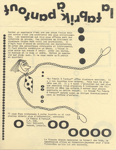 D&eacute;pliant de la troupe de marionnettes La Fabrik &agrave; Pantouf (1972)