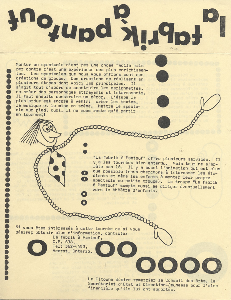 D&eacute;pliant de la troupe de marionnettes La Fabrik &agrave; Pantouf (1972)