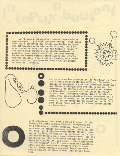 D&eacute;pliant de la troupe de marionnettes La Fabrik &agrave; Pantouf (1972)