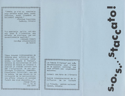 D&eacute;pliant de la pi&egrave;ce S.O.S Staccato!!  (1974)