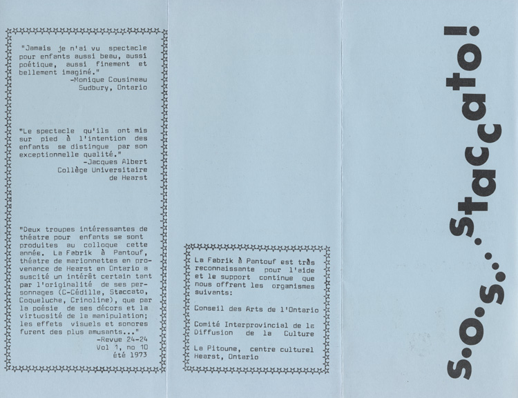 D&eacute;pliant de la pi&egrave;ce S.O.S Staccato!!  (1974)